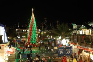 A giant Christmas tree at Pier 39