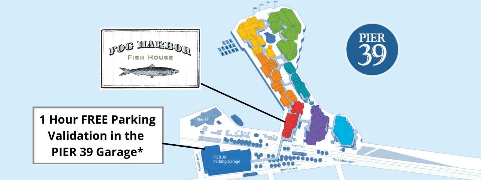 Map of Fog Harbor and parking area