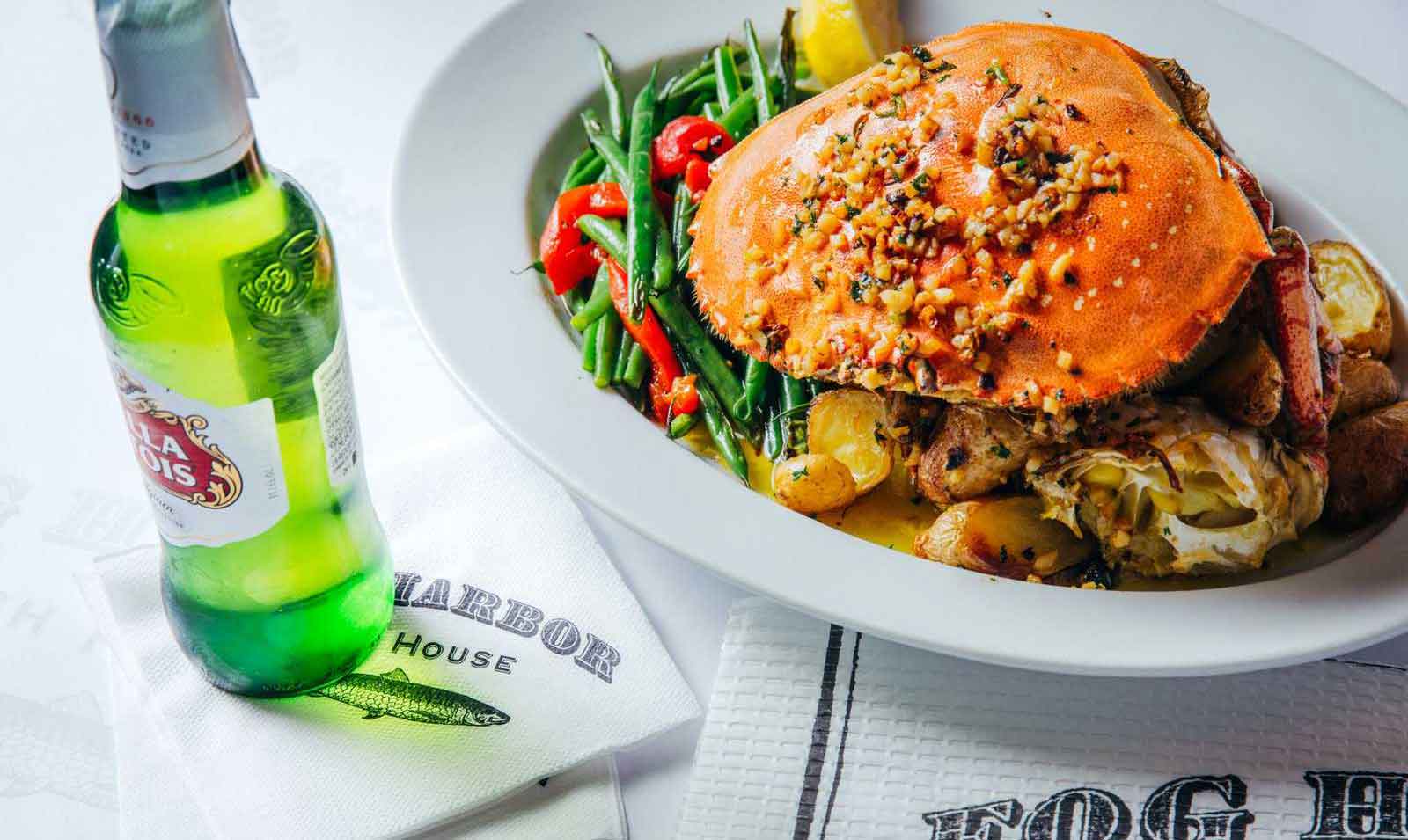 Dungeness crab dish with beer